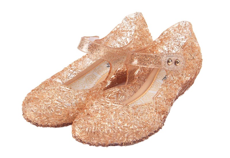 GUGUYeah Gold Princess Costumes Cute Jelly Flats Shoes,Cosplay Birthday Party Dress Up Sandals for Little Girls, Toddler or Kids - Image 1